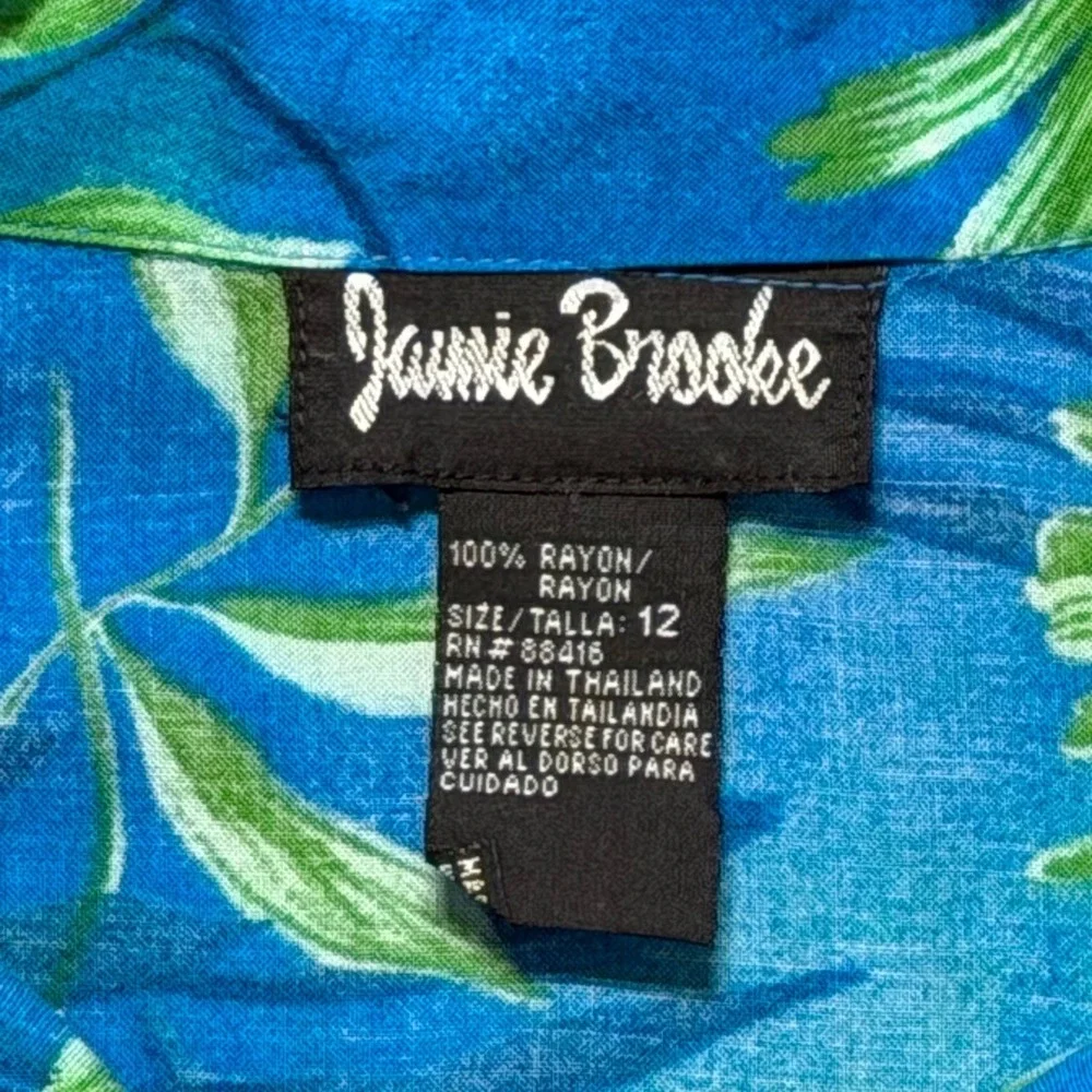 Jamie Brooke Womens Tropical Leaf Button‎ Up Shirt Blue Green Rayon Size 12